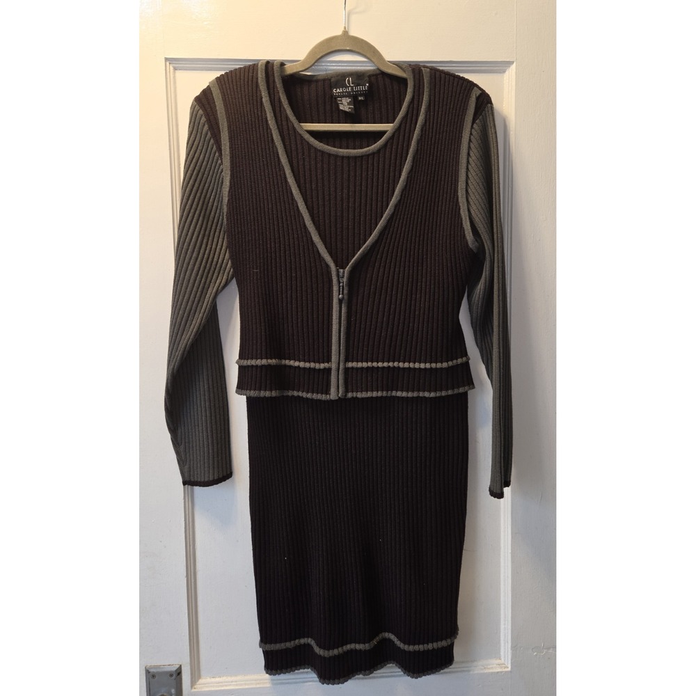 Vintage Carole Little Petite Black Ribbed Knit Sweater Dress Attached Vest. PL